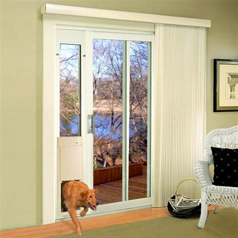 Pet door opening is 9.25-in wide x 15-in high to accommodate a medium sized pet; see the how to pet door measuring guide for more details. Features long term cost saving SunResist Low-E insulating glass. Built from quality extruded vinyl that resists fading and does not chip or peel . Sliding glass door with dog door built in lowe